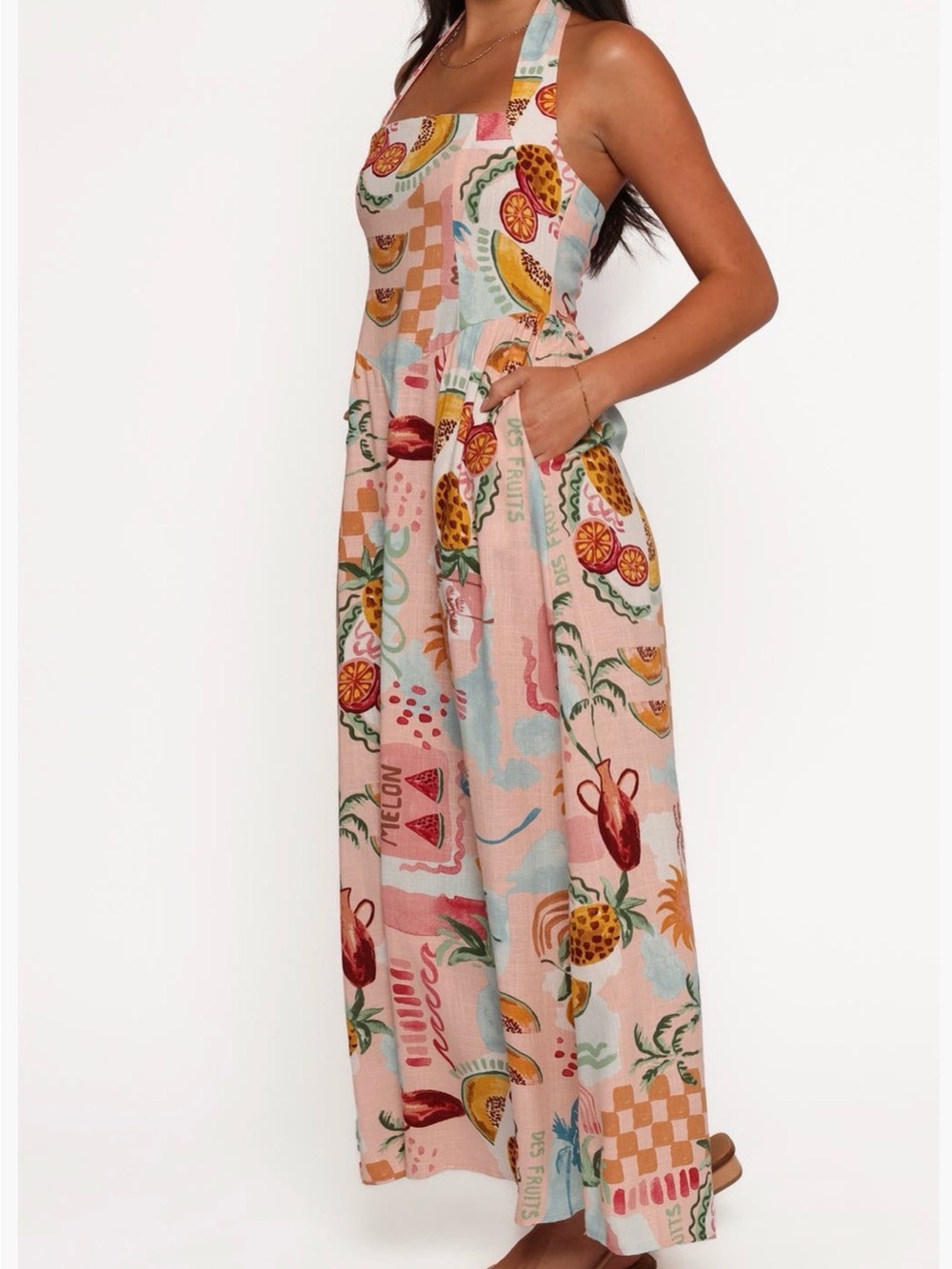 Petal & Pup Pink Tropical Print Halter Maxi Dress